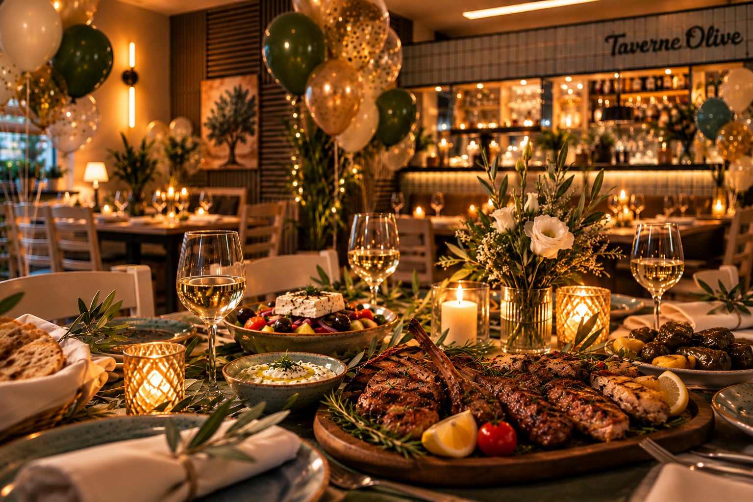 Festlich gedeckter Tisch mit gegrilltem Fleisch, Luftballons und warmer Atmosphäre in der Taverne Olive