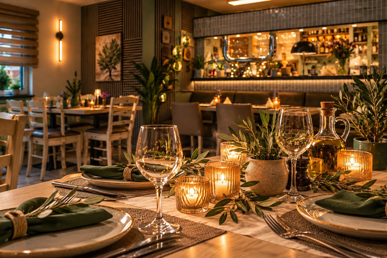 Gemütlicher Innenraum der Taverne Olive mit griechischen Spezialitäten und warmer Beleuchtung
